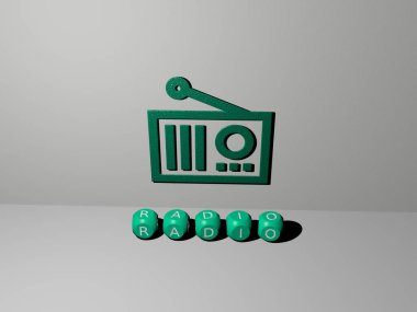 Konsept ve sunumların ilgili anlamları için metalik zar harfleri tarafından yapılan RADIO grafikleri ve metinlerinin 3 boyutlu çizimi. arkaplan ve simge