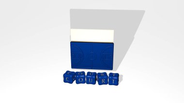 COURT 'un dikey olarak 3D grafiksel görüntüsü ve üst perspektiften metalik kübik harflerle oluşturulan metinler, konsept sunumu ve slayt gösterileri için mükemmel. Resim ve arkaplan