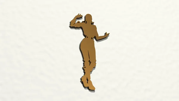 Girl是由3D插图制作的 它展示了一个闪亮的金属雕塑在有明亮背景的墙上 美丽的女人 — 图库照片