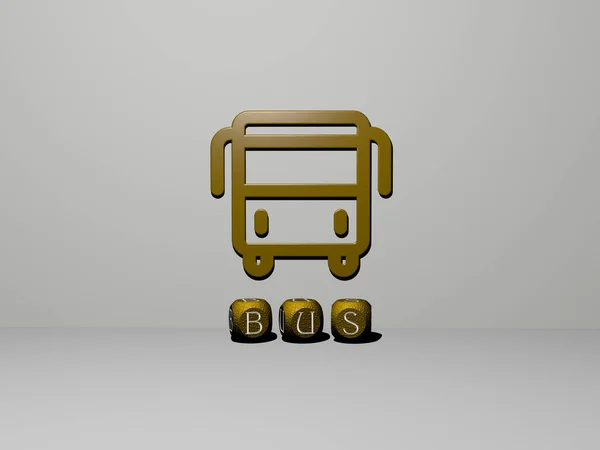 3D representation of BUS with icon on the wall and text arranged by metallic cubic letters on a mirror floor for concept meaning and slideshow presentation. illustration and city