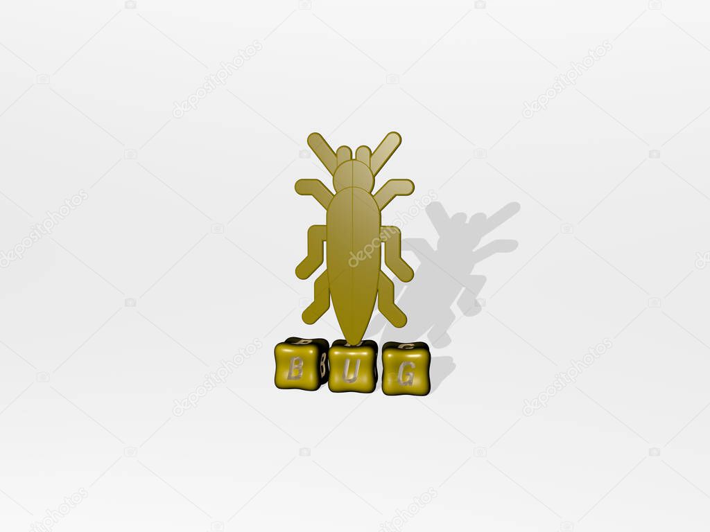 3D representation of bug with icon on the wall and text arranged by metallic cubic letters on a mirror floor for concept meaning and slideshow presentation. background and illustration