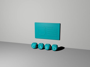 CARD 'ın duvarında simge ve ayna zemininde metalik kübik harflerle konsept ve slayt gösterisi sunumu için düzenlenmiş üç boyutlu temsili. Resim ve arkaplan