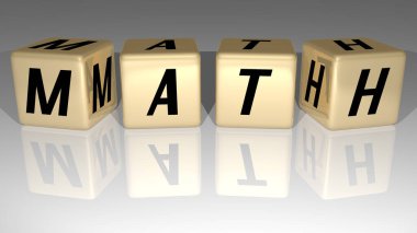Duvarında ikon olan matematiğin 3 boyutlu temsili ve ayna zemininde konsept ve slayt gösterisi sunumu için metalik kübik harflerle düzenlenmiş metin. Resim ve arkaplan