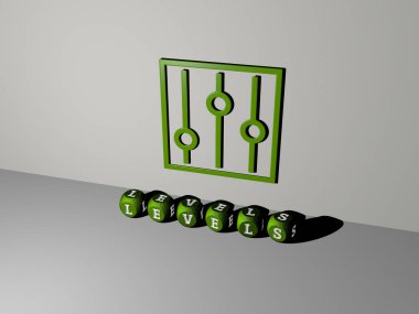 Duvarında simge olan seviyelerin 3 boyutlu temsili ve kavram ve slayt gösterisi sunumu için ayna zemininde metalik kübik harflerle düzenlenmiş metin. Resim ve arkaplan