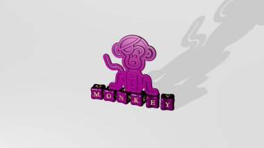 MonkEY 'nin dikey olarak üç boyutlu grafik resmi ve üst perspektiften metalik kübik harflerle yapılmış metinler, konsept sunumu ve slayt gösterileri için mükemmel. hayvan ve resimleme