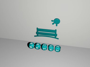 BENCH 'in dikey olarak 3B grafiksel görüntüsü, üst perspektiften metalik kübik harflerle oluşturulan metinlerle birlikte, konsept sunumu ve slayt gösterileri için mükemmel. park ve arkaplan
