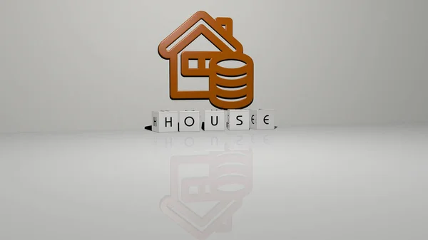 房屋的3D表示 墙壁上有图标 文字用金属立方体字母排列在镜面 用于概念含义和幻灯片演示 建筑和建筑 — 图库照片