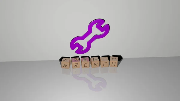 3D图解Wrench图形和文字的金属骰子字母的相关含义的概念和演示 图标和背景 — 图库照片