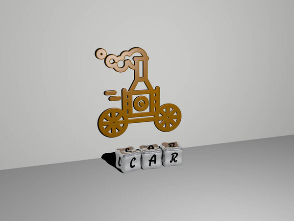 3D illustration of CAR graphics and text made by metallic dice letters for the related meanings of the concept and presentations. auto and automobile
