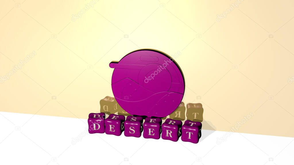 3D representation of DESERT with icon on the wall and text arranged by metallic cubic letters on a mirror floor for concept meaning and slideshow presentation. background and landscape