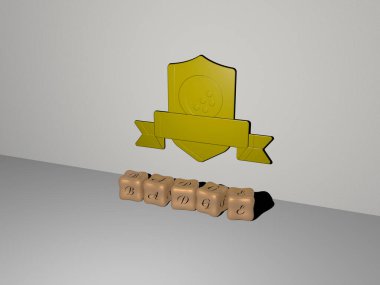 Duvarında simge olan 3 boyutlu bir rozet tasviri ve ayna zemininde konsept ve slayt gösterisi sunumu için metalik kübik harflerle düzenlenmiş bir metin. illüstrasyon ve tasarım