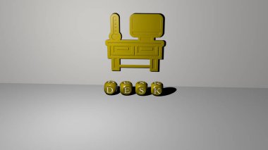 Duvarında ikon olan masanın 3 boyutlu temsili ve kavram ve slayt gösterisi sunumu için ayna zemininde metalik kübik harflerle düzenlenmiş metin. iş ve arkaplan