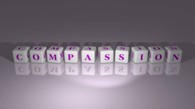 Aynanın zemininde kübik harflerle sıralanmış alfabetik şefkat, kavram anlamı ve sunum 3 boyutlu perspektifte. bakım ve resimleme