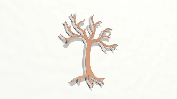 Arbre Sur Mur Illustration Sculpture Métallique Sur Fond Blanc Avec — Photo