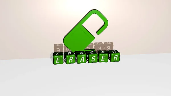 关于Eraser图形的三维图解和用金属骰子字母表示的文字对概念和表述的相关意义 铅笔和背景 — 图库照片