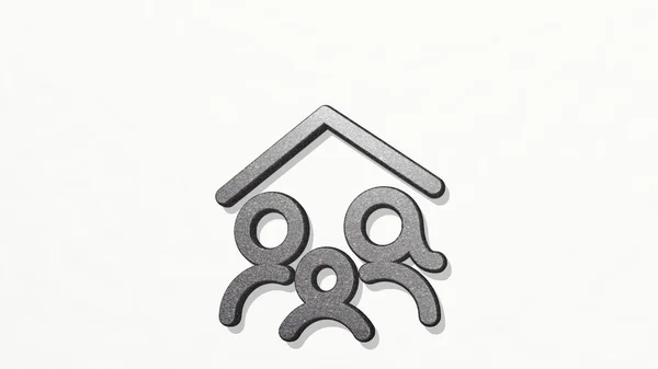 Familie Huis Aan Muur Illustratie Van Metalen Sculptuur Een Witte — Stockfoto