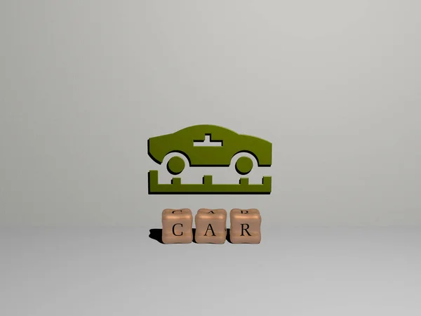 Graficzny Obraz Samochodu Pionie Wraz Tekstem Zbudowanym Metalicznymi Literami Sześciennymi — Zdjęcie stockowe