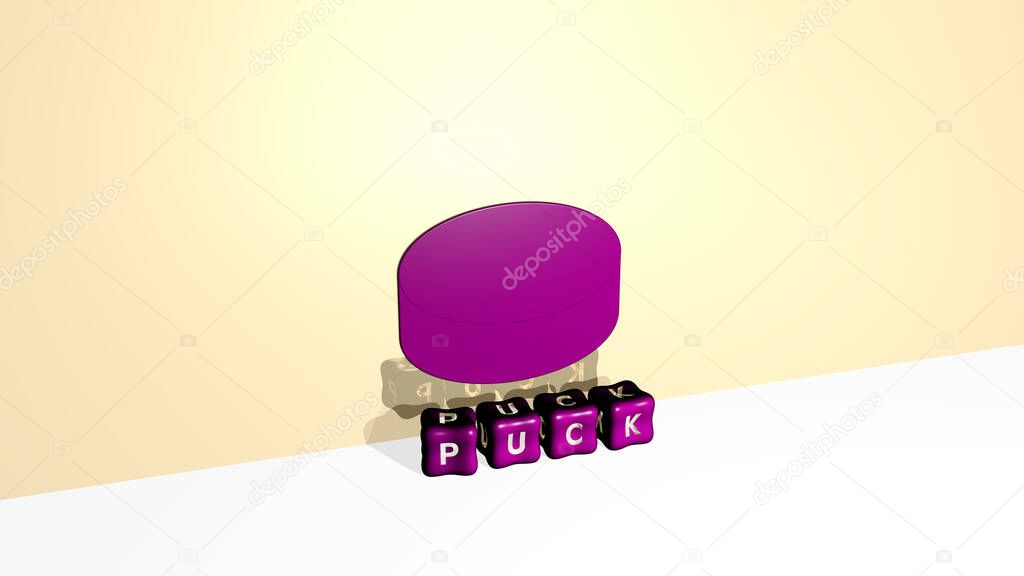 3D representation of PUCK with icon on the wall and text arranged by metallic cubic letters on a mirror floor for concept meaning and slideshow presentation. hockey and illustration