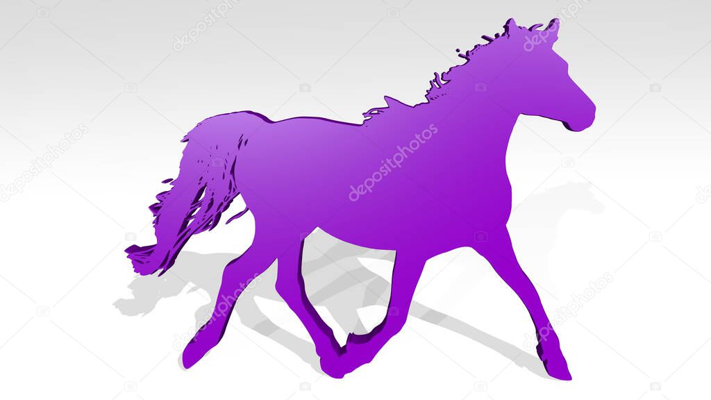 HORSE from a perspective with the shadow. A thick sculpture made of metallic materials of 3D rendering. animal and illustration