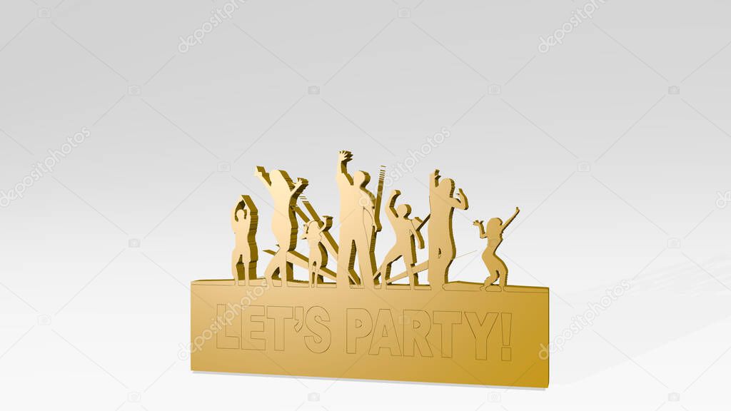 Let's Party! on the wall. 3D illustration of metallic sculpture over a white background with mild texture
