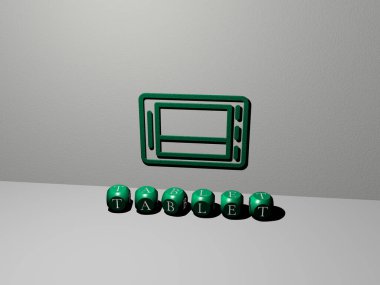 Tabletin dikey olarak 3B grafiksel görüntüsü ve üst perspektiften metalik kübik harflerle oluşturulan metinler, konsept sunumu ve slayt gösterileri için mükemmel. bilgisayar ve dijital