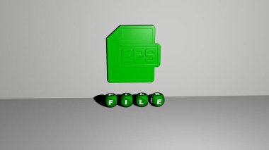 FILE 'nin dikey olarak 3D grafik resmi ve üst perspektiften metalik kübik harflerle yapılmış metin, konsept sunumu ve slayt gösterimi için mükemmel. Resim ve simge