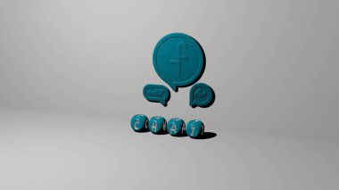 Duvarında simge olan sohbetin 3 boyutlu temsili ve ayna zemininde kavram ve slayt gösterisi sunumu için metalik kübik harflerle düzenlenmiş metin. İllüstrasyon ve iletişim