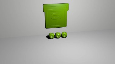 Konsept ve sunumların ilgili anlamları için metalik zar harflerinin oluşturduğu kutu grafikleri ve metinlerin 3 boyutlu çizimi. arkaplan ve hediye