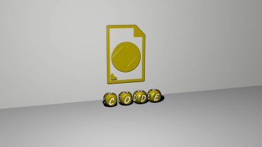 CODE 'nin dikey olarak 3D grafik resmi, üst perspektiften metalik kübik harflerle oluşturulan metinlerle birlikte, konsept sunumu ve slayt gösterileri için mükemmel. Resim ve arkaplan