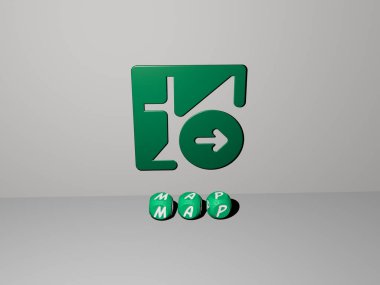 MAP 'nin dikey olarak 3D grafik resmi ve üst perspektiften metalik kübik harflerle oluşturulan metin, konsept sunum ve slayt gösterileri için mükemmel. Resim ve arkaplan