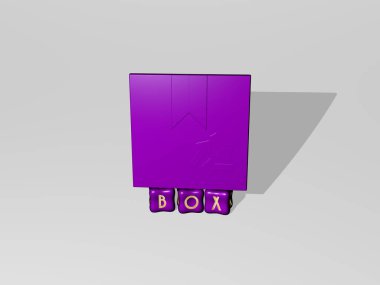 Duvarında simge olan kutunun 3 boyutlu temsili ve kavram ve slayt gösterisi sunumu için ayna zemininde metalik kübik harflerle düzenlenmiş metin. arkaplan ve resimleme