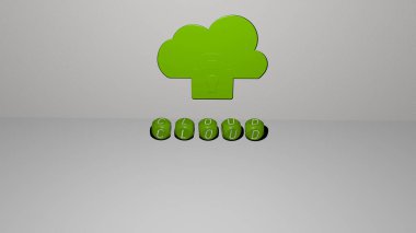 CLOUD grafiklerinin 3 boyutlu çizimi ve konsept ve sunumların ilgili anlamları için metalik zar harfleri tarafından yapılan metin. arkaplan ve mavi