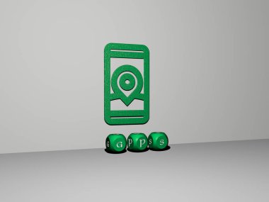 Konsept ve sunumların ilgili anlamları için metalik zar harflerinin oluşturduğu GPS grafikleri ve metinlerin 3 boyutlu çizimi. harita ve simge