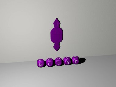 MOUSE grafiklerinin 3 boyutlu çizimi ve konsept ve sunumların ilgili anlamları için metalik zar harflerinin oluşturduğu metin. arkaplan ve bilgisayar