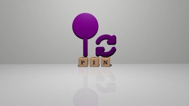 En üst perspektiften metalik kübik harflerle oluşturulan ve konsept sunum ve slayt gösterileri için mükemmel olan pimin dikey olarak 3B grafiksel görüntüsü. Resim ve simge