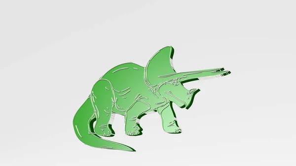 dinosaur on the wall. 3D illustration of metallic sculpture over a white background with mild texture. animal and cartoon