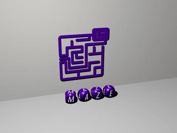 3D说明Maze图形和文字的金属骰子字母的相关含义的概念和表述 迷宫和背景 — 图库照片