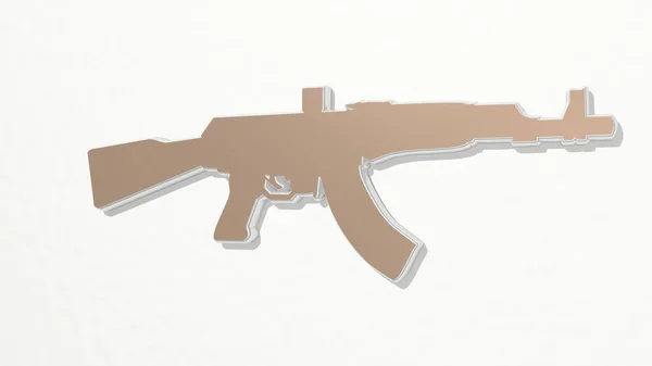 Kalashnikov Tabancası Duvarda Metalik Heykelin Beyaz Arka Planda Yumuşak Desenli — Stok fotoğraf
