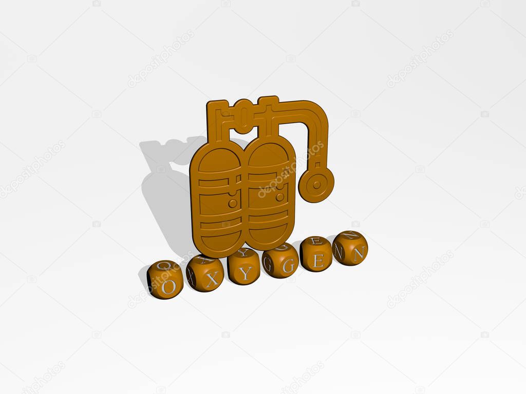 3D illustration of oxygen graphics and text made by metallic dice letters for the related meanings of the concept and presentations. background and air
