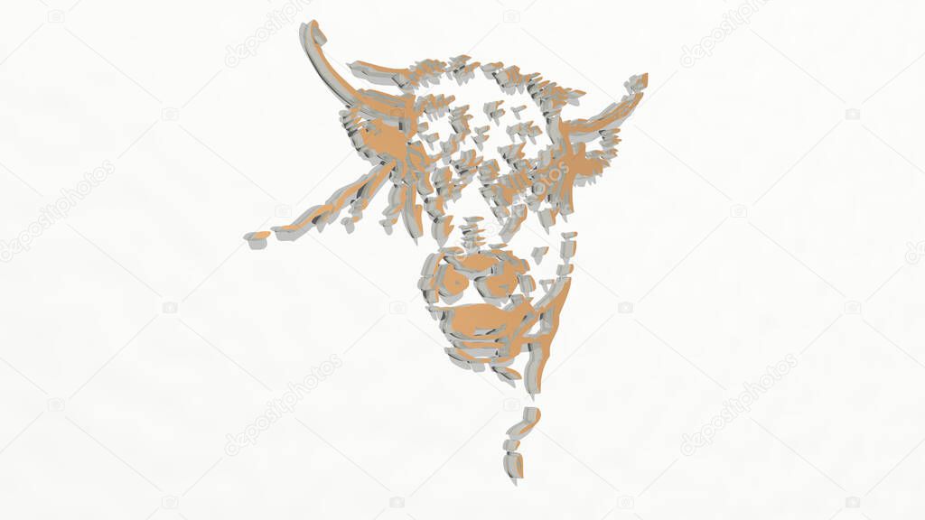 angry cow portrait from a perspective on the wall. A thick sculpture made of metallic materials of 3D rendering. illustration and background