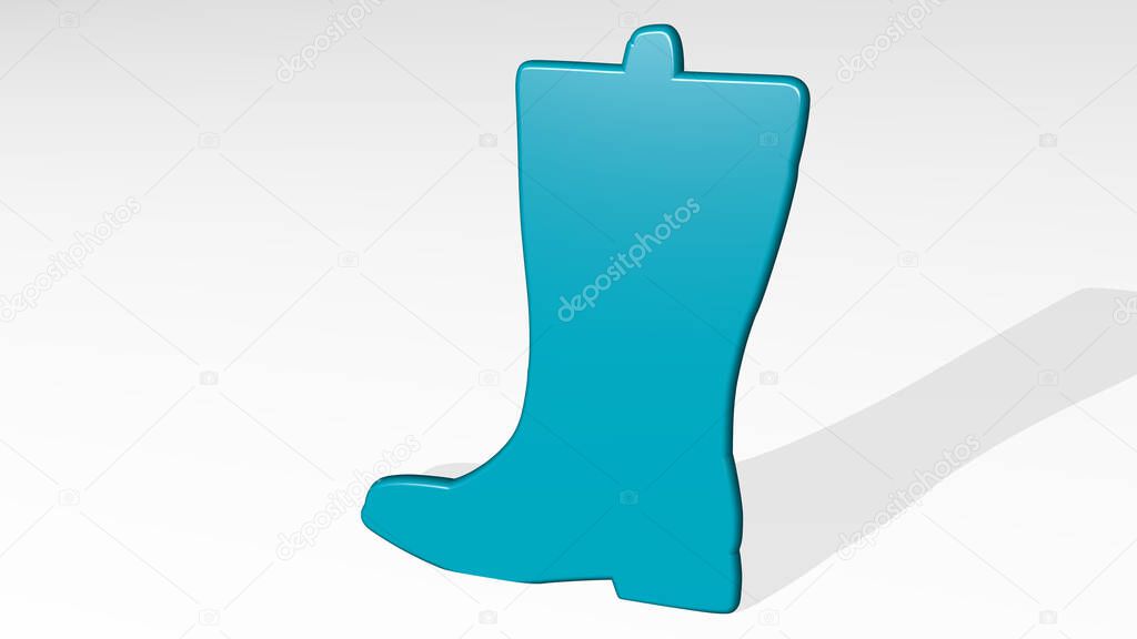 BOOT from a perspective with the shadow. A thick sculpture made of metallic materials of 3D rendering. illustration and background