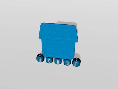 HOUSE 'un dikey olarak 3B grafiksel görüntüsü ve üst perspektiften metalik kübik harflerle yapılmış metinler, konsept sunumu ve slayt gösterileri için mükemmel. yapı ve mimari