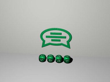 CHAT 'ın dikey olarak üç boyutlu grafiksel görüntüsü ve üst perspektiften metalik kübik harflerle oluşturulan metinler, konsept sunumu ve slayt gösterileri için mükemmel. Resim ve simge