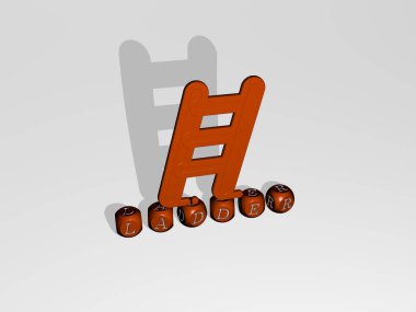 Merdivenin dikey olarak 3B grafiksel görüntüsü, üst perspektiften metalik kübik harflerle oluşturulan metinlerle birlikte, konsept sunumu ve slayt gösterileri için mükemmel. Resim ve arkaplan