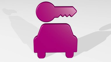 Gölgeli bir perspektiften araba anahtarı. Üç boyutlu metalik malzemelerden yapılmış kalın bir heykel. Resim ve Otomatik