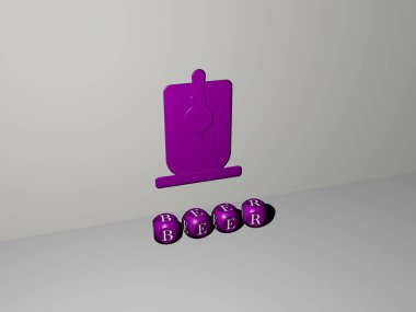 Bira grafiklerinin 3 boyutlu çizimi ve konsept ve sunumların ilgili anlamları için metalik zar harflerinin oluşturduğu metinler. alkol ve geçmiş