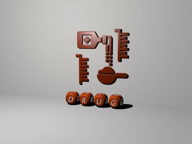 Duvarında ikon olan uyuşturucunun 3 boyutlu temsili ve kavram ve slayt gösterisi sunumu için ayna zemininde metalik kübik harflerle düzenlenmiş metin. arkaplan ve resimleme