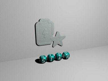 Konsept ve sunumların ilgili anlamları için metalik zar harflerinin oluşturduğu yıldız grafikleri ve metinlerin 3 boyutlu çizimi. arkaplan ve soyut