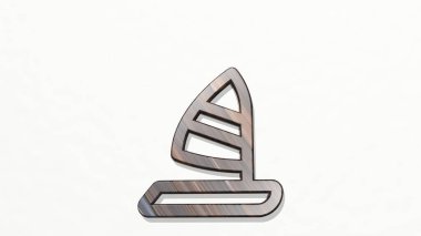 Duvardaki bir perspektiften yelkenli teknesi. Üç boyutlu metalik malzemelerden yapılmış kalın bir heykel. deniz ve mavi