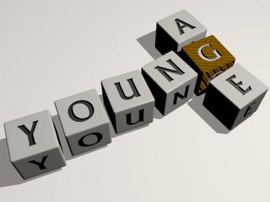 En üst perspektiften gelen kübik harflerle oluşturulan genç yaş kombinasyonu, konsept sunumu için mükemmel. Kadın ve güzel